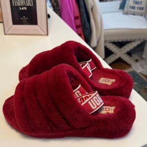 UGG Burgundy Fluffy Slides
